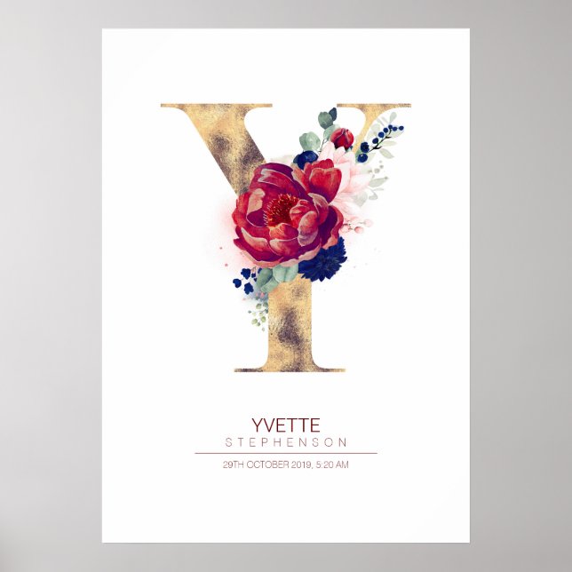 Letter Y Monogram Floral Navy Blue und Burgundy Poster (Vorne)