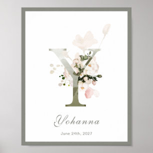 Letter Y Monogram Pink Floral Kinderzimmer Poster