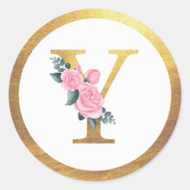 Letter Y Monogram Pink Roses Floral & Elegant Gold Runder Aufkleber