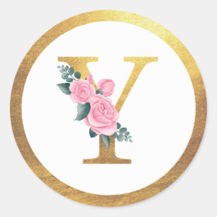 Letter Y Monogram Pink Roses Floral & Elegant Gold Runder Aufkleber