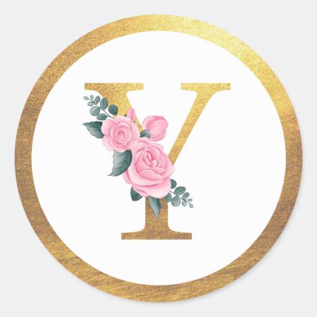 Letter Y Monogram Pink Roses Floral & Elegant Gold Runder Aufkleber (Vorderseite)