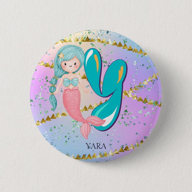 Letter Y Monogram Watercolor Niedlich Mermaid Kind Button (Vorderseite)