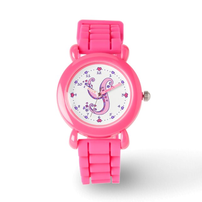 Letter Y pink monogram personalisiert Girls sehen  Armbanduhr (Vorderseite)