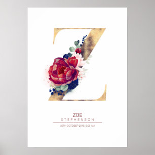 Letter Z Monogram Floral Navy Blue und Burgundy Poster