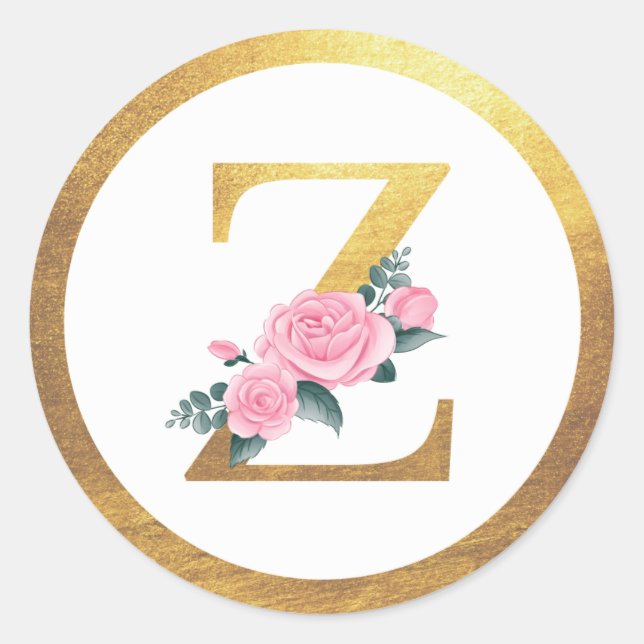 Letter Z Monogram Roses Floral & Elegant Gold Runder Aufkleber (Vorderseite)