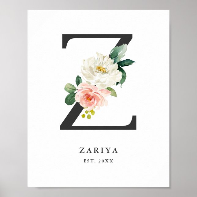 Letter Z Monogram Watercolor Peach Florals Kinderz Poster (Vorne)