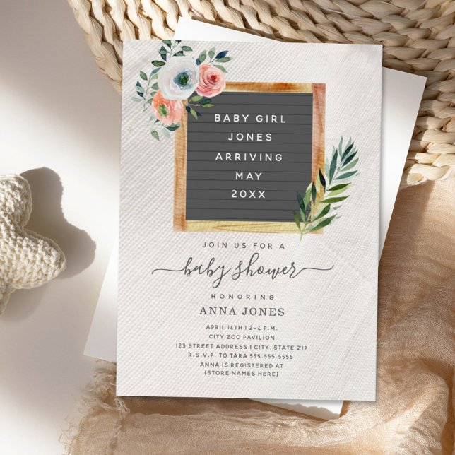 Letterboard Boho Floral Girl Babydusche Einladung (Von Creator hochgeladen)