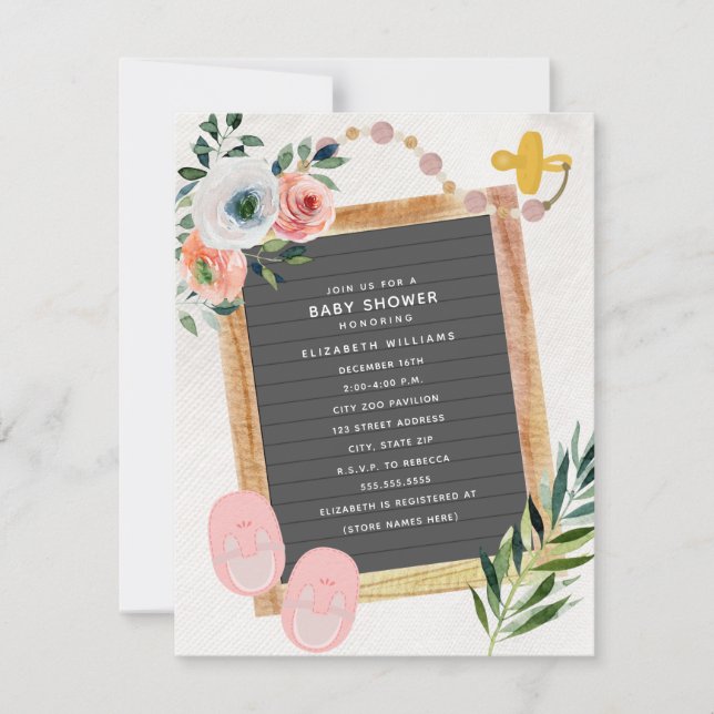 Letterboard Schuhe Schnuller Floral Girl Babydusch Einladung (Vorderseite)