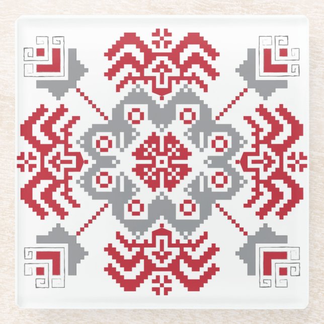 Lettisch Auseklis Folk Art geometrischer Medaillon Glasuntersetzer (Vorderseite)