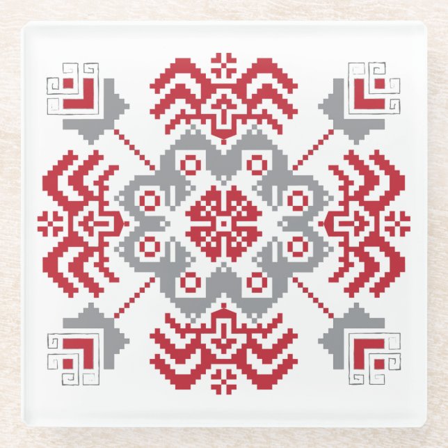 Lettisch Auseklis Folk Art geometrischer Medaillon Glasuntersetzer (Vorderseite)