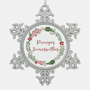 Lettisch Frohe Weihnachten, Priecīgus Ziemassvēt Schneeflocken Zinn-Ornament