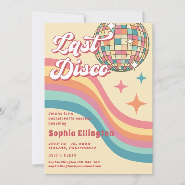 Letzte Disco 70's Retro Bachelorette Wochenende Einladung (Vorderseite)