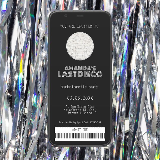 Letzte Disco Bachelorette - Silver Ticket Einladung (last disco silver bachelorette party invitation ticket)