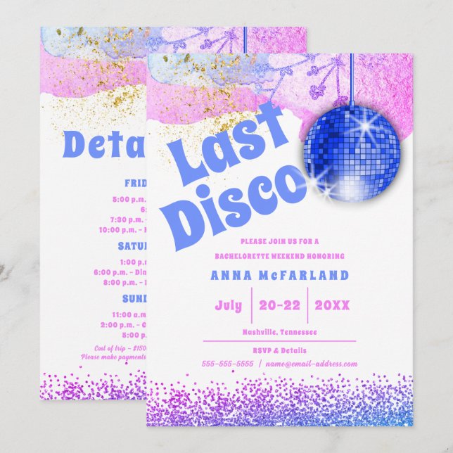 Letzte Disco Glam Retro Blue Pink Bachelorette Einladung (Vorne/Hinten)