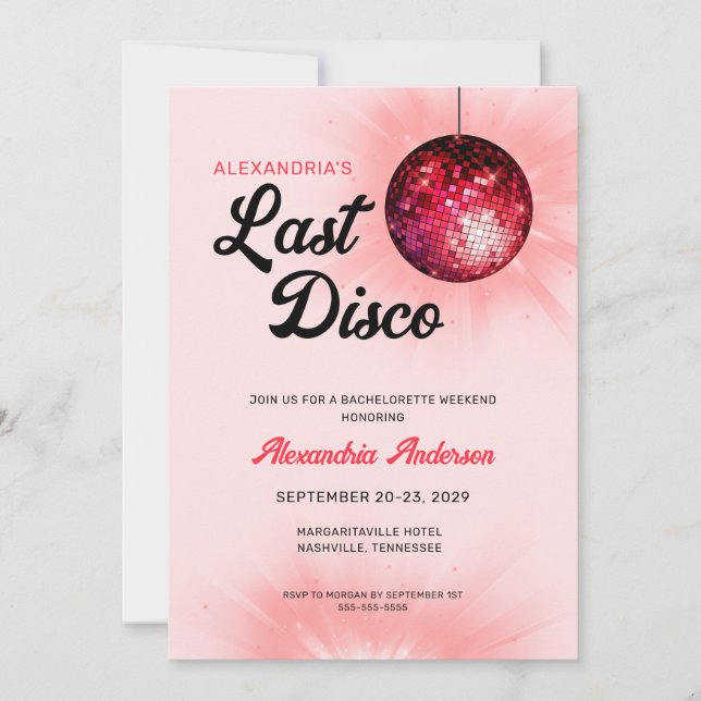 Letzte Disco Retro Bachelorette Wochenende Party Einladung (Vorderseite)
