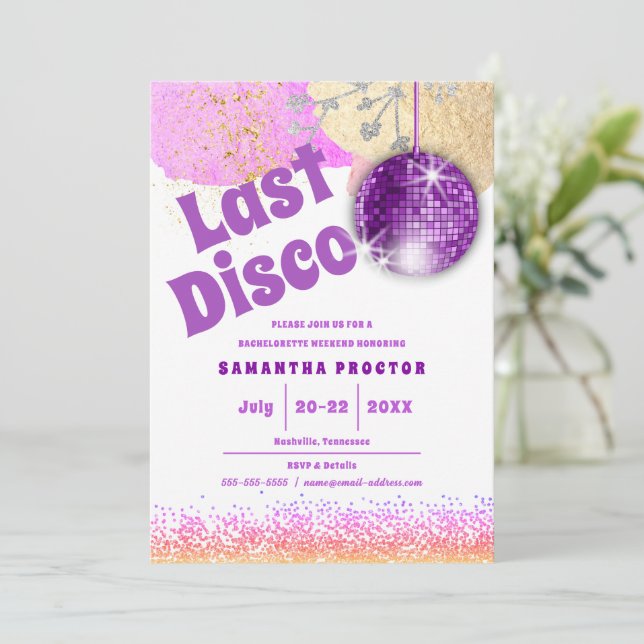 Letzte Disco Retro Glam Lila Gold Bachelorette Einladung (Stehend Vorderseite)