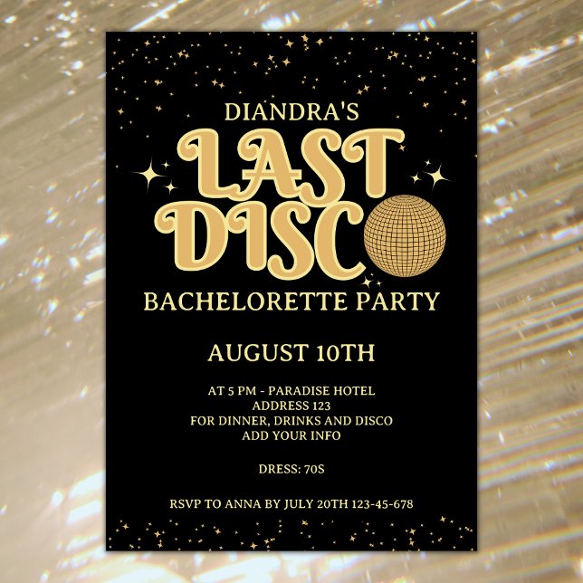 Letzte Disco Retro Gold Glitzer 70er Bachelorette Einladung (Last disco retro golden glitter bachelorette party invitation)