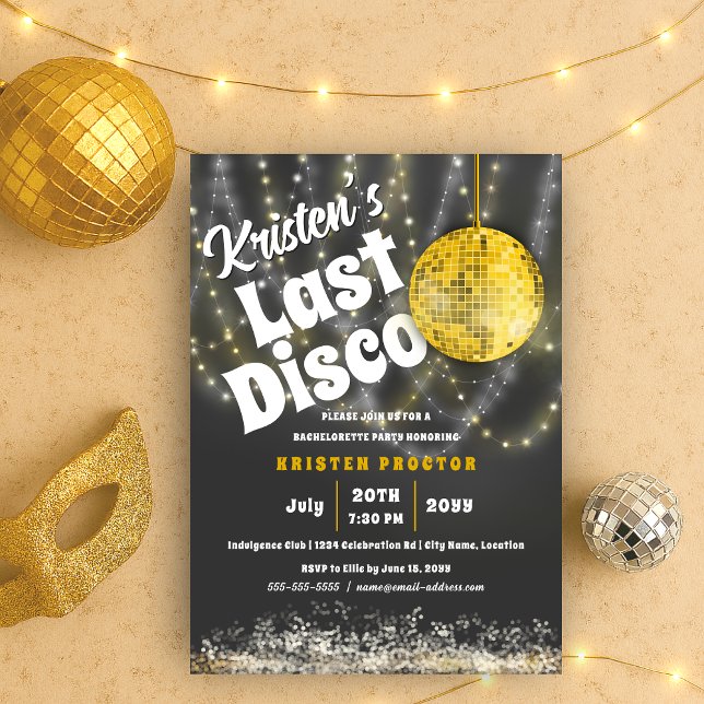 Letzte Disko Bash Junggeselinnen-Abschied Glam Gol Einladung (Gold glam disco ball retro last disco bachelorette party invitation front view)