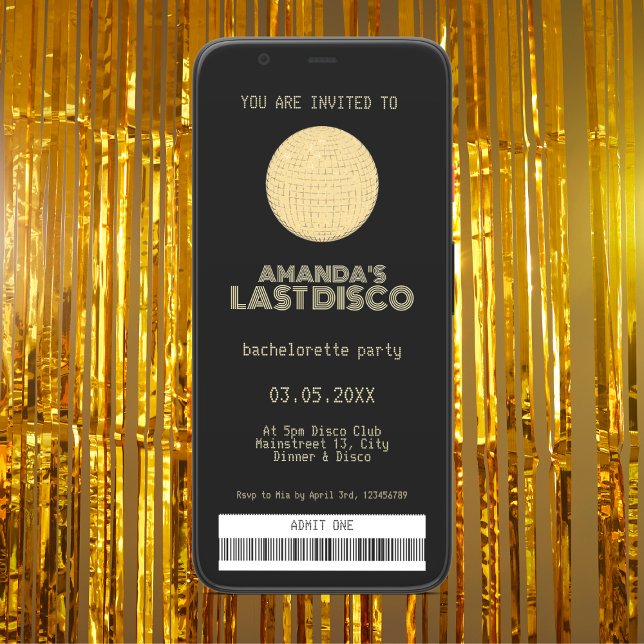 Letzte Disko Junggeselinnen-Abschied Golden Ticket Einladung (last disco bachelorette party invitation golden disco ticket)