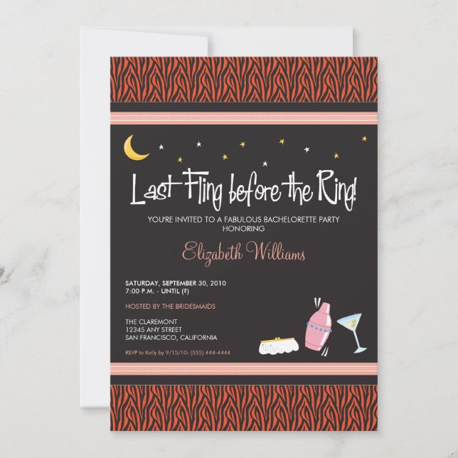 Letzte Fling Zebra Bachelorette Einladung (orange) (Vorderseite)