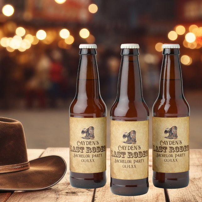 Letzte Rodeo Cowboy Grunge Brown Bachelor Party Bierflaschenetikett (Von Creator hochgeladen)