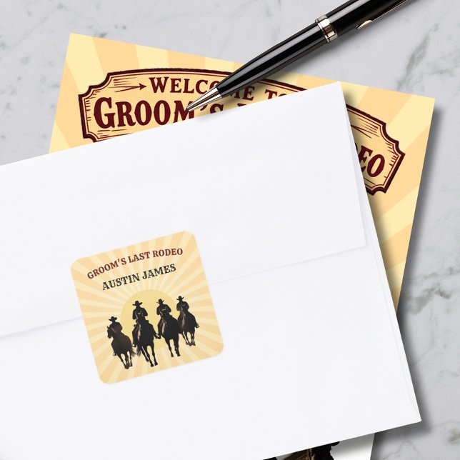 Letzte Rodeo Cowboys Sunset Groom Name Bachelor Quadratischer Aufkleber (Last Rodeo Cowboys Sunset Groom's Name Bachelor Square Sticker)