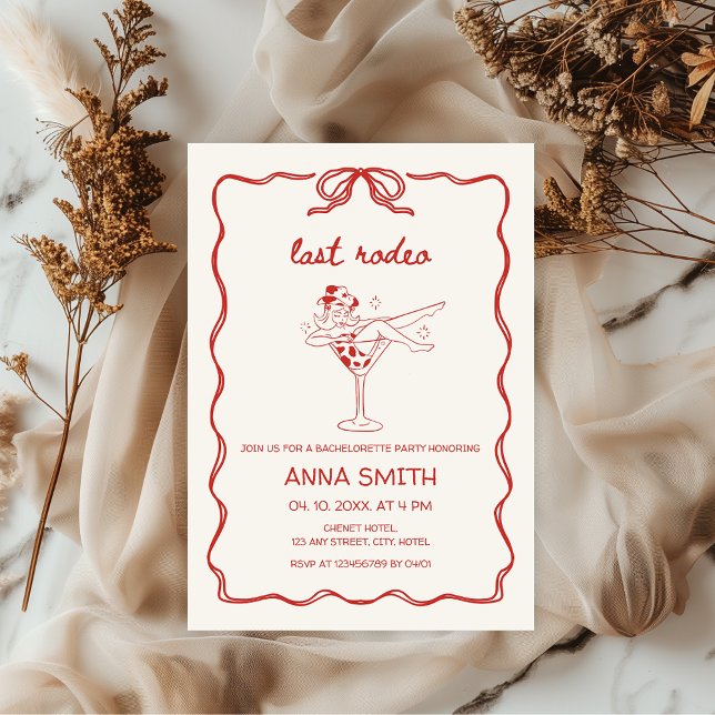 Letzte Rodeo Hand gezeichnet Cowgirl Red Bachelore Einladung (Last Rodeo Bachelorette Party Nash Bash, Giddy Up, Let's go girls, hand-drawn invitation Cowgirl)