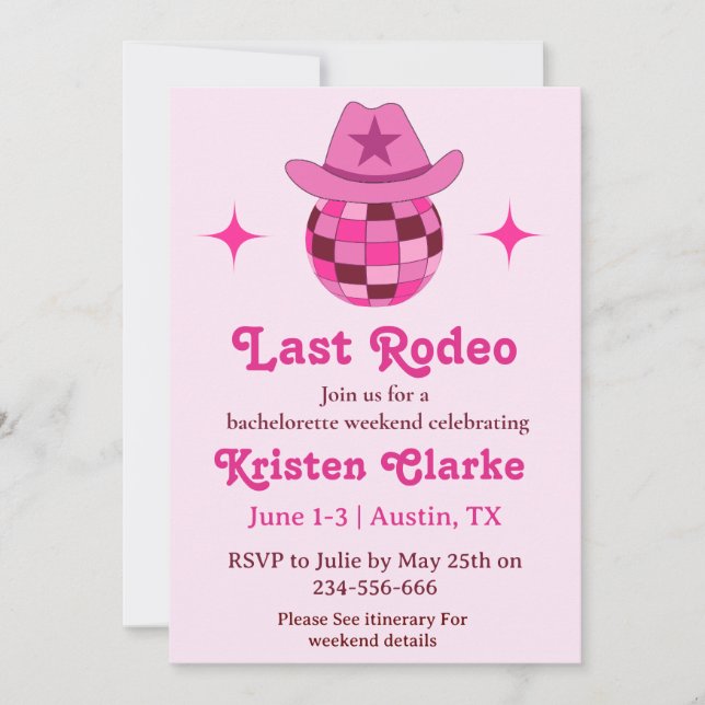 Letzte Rodeo Pink Disco Cowgirl Bachelorette Einladung (Vorderseite)