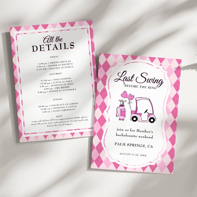 Letzte Swing Pink Raute Golf Bachelorette Einladung (Last Swing Before the Ring! Pink Argyle Golf-Themed Bachelorette Weekend Invitation)