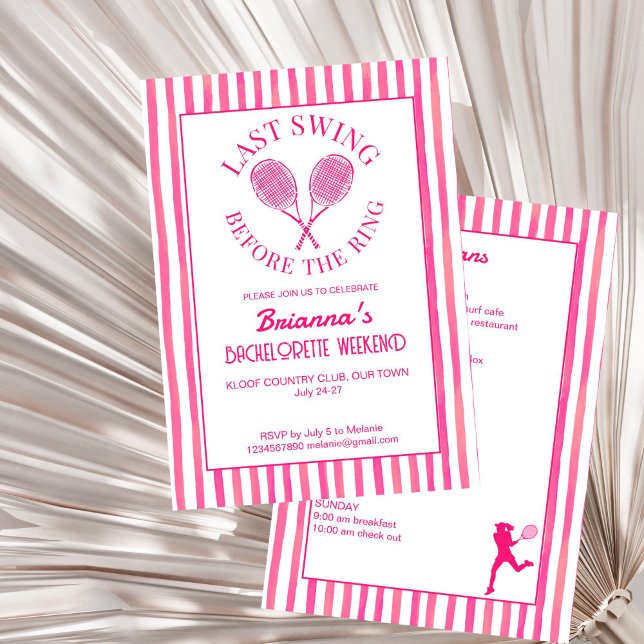 Letzte Swing Tennis Country Club Bachelorette Einladung (Last swing pink tennis country club Bachelorette weekend itinerary Invitation editable template)