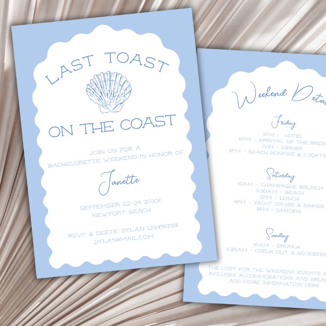 Letzten Toast am Coast Beach Bachelorette Wochenen Einladung (last toast on the coast bachelorette party invitation nautical weekend itinerary chic wavy arch)