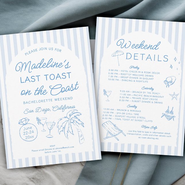 Letzten Toast auf der Küstenstraße Einladung (last toast on the coast bachelorette party itinerary hand drawn script calligraphy arch blue stripes)