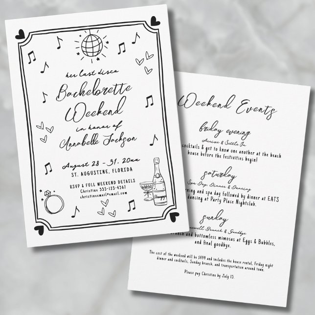 Letzter Junggeselinnen-Abschied für die Diskothek Einladung (Last Disco Hand Drawn Bachelorette Party Invitation)