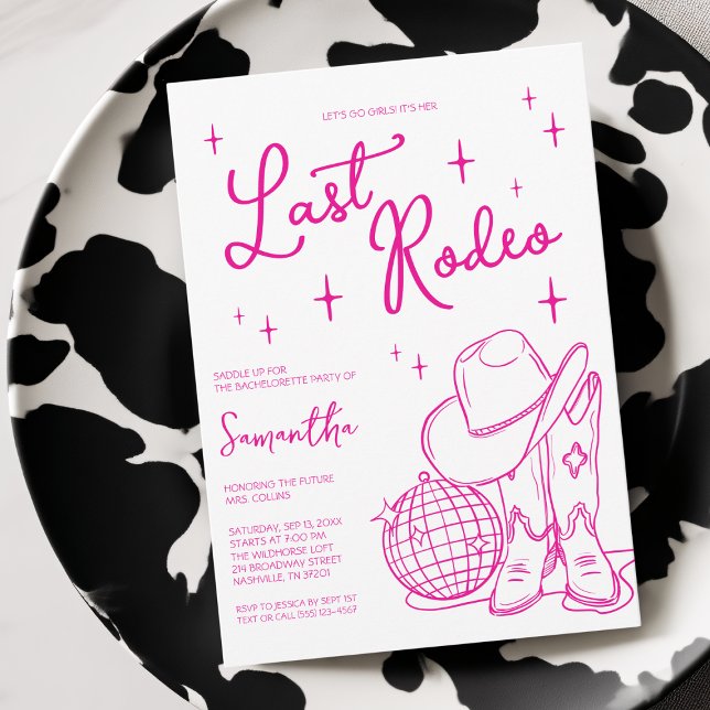 Letzter Rodeo Pink Cowgirl Disco Junggeselinnen-Ab Einladung (Last Rodeo Pink Cowgirl Disco Bachelorette Party Invitation)