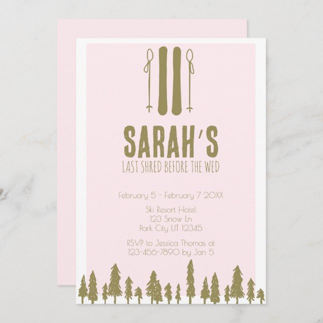 Letzter Shred Ski Winter Junggeselinnen-Abschied Einladung (Vorne/Hinten)