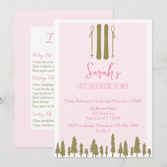 Letzter Shred Winter Ski Junggeselinnen-Abschied Einladung (Vorne/Hinten)