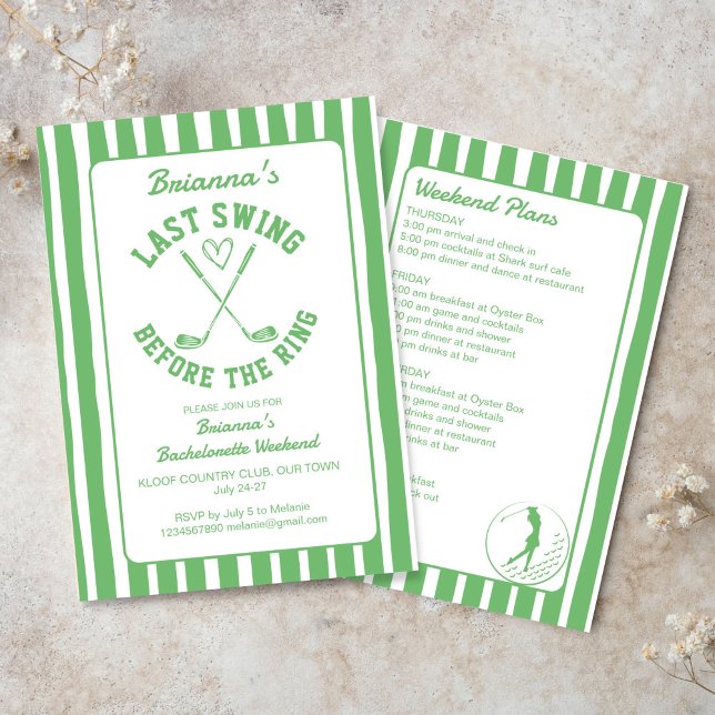 Letzter Swing Golf Country Club Bachelorette Woche Einladung (Last swing before the ring golf country club Bachelorette weekend party Invitation template green)