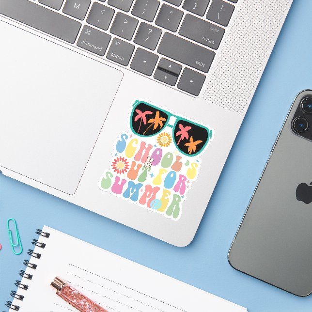 Letzter Tag der Schule: Sommerliche Sommerferien Aufkleber (Laptop mit iPhone)