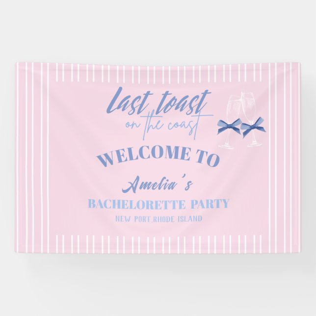 Letzter Toast am Strand rosa Bachelorette Empfang Banner (Horizontal)