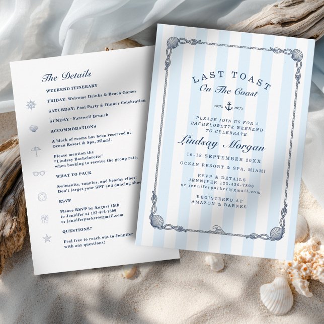 Letzter Toast an der Küste! Junggesellinnenabschie Einladung (Last Toast on the Coast! Bachelorette Blue Stripes Invitation)
