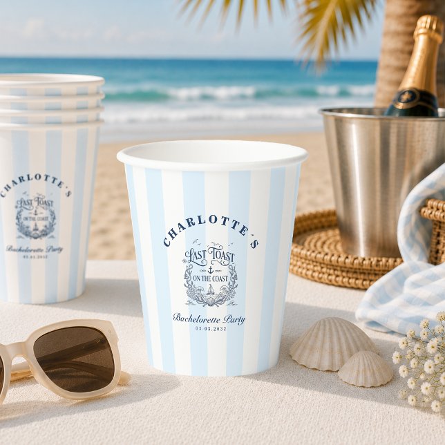 Letzter Toast an der Küste! Junggesellinnenabschie Pappbecher (Last Toast on the Coast! Blue Stripes  Bachelorette Party Paper Cups)