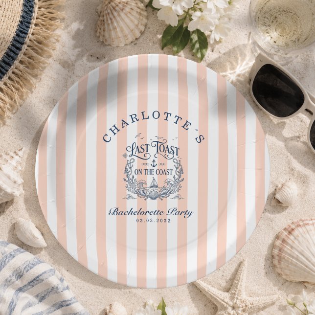 Letzter Toast an der Küste! Junggesellinnenabschie Pappteller (Last Toast on the Coast! Bachelorette Party Peach Blush Stripes Paper Plates)