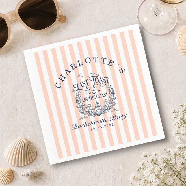 Letzter Toast an der Küste! Junggesellinnenabschie Serviette (Last Toast on the Coast! Bachelorette Party Peach Blush Stripes Napkin)