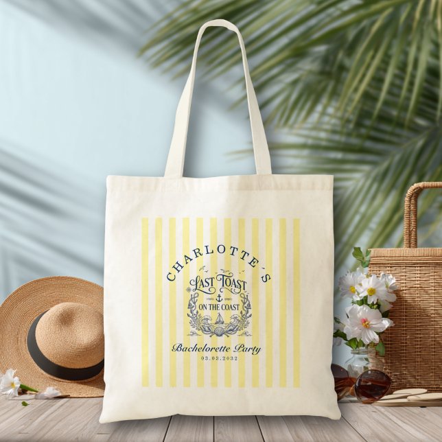 Letzter Toast an der Küste! Junggesellinnenabschie Tragetasche (Last Toast on the Coast!Bachelorette Party Yellow Stripes Tote Bag)