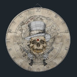 Letzter Wort-Schädel u. Gewehre Dartscheibe<br><div class="desc">Tragender Hut des coolen Schädelkunst Dartboard-Ausrüstungsbeschreibungs-Schädels mit der Eule,  die von hinten späht. Zwei kreuzten Gewehre und Superdetail mit Wirbel und Text Art. Textkunst sagt "das glückliche Gefühl?"</div>