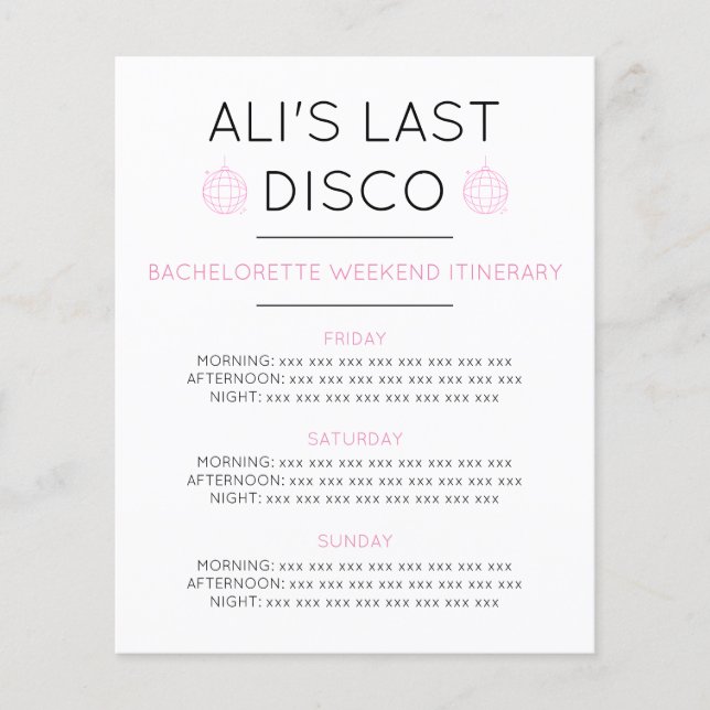LETZTES DISCO BACHELORETTE ITINERARY Paper Sheet (Vorderseite)