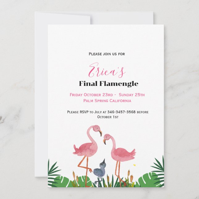 Letztes Flamengo Bachelorette & Wochenendreise Einladung (Vorderseite)