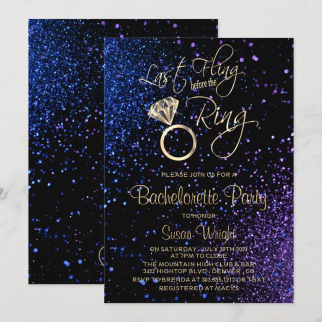 Letztes Fling vor dem Ring blau Lila Einladung (Vorne/Hinten)