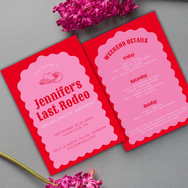 Letztes Rodeo Cowgirl Bold Red & Pink Bach Weekend Einladung (Last Rodeo Cowgirl Bold Red & Pink Bach Weekend Invitation)