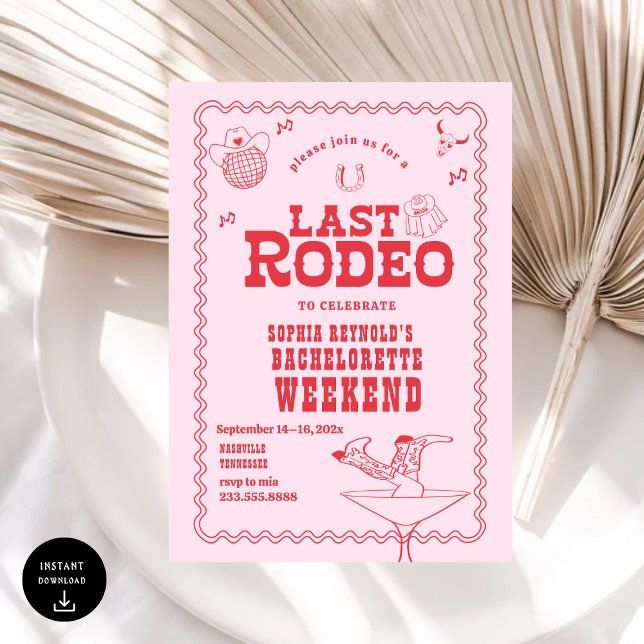 Letztes Rodeo Cowgirl Pink und Red Bachelorette Einladung (Von Creator hochgeladen)